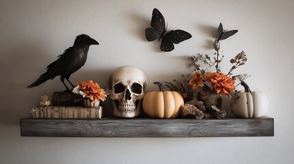 Spooky Halloween shelf decor with crow skull pumpkins and butterflies black