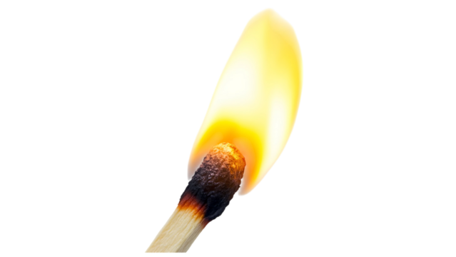 A close up shot of a lit matchstick with a bright yellow flame on black background