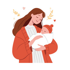 Woman holding her cute baby in arms. Pregnancy and breastfeeding concept. Mom and child in warm clothes. Mother's day, vector illustration with flower botanical leaf ornament in cartoon style.