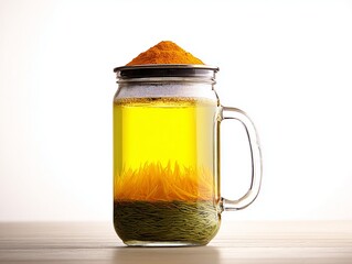 A clear glass mug filled with golden liquid and dry ingredients
