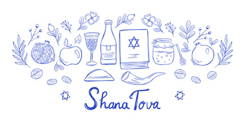 Rosh Hashanah greeting card design with pomegranate fruit, walnuts, apple, honey and flowers on white background in doodle style. Vector illustration