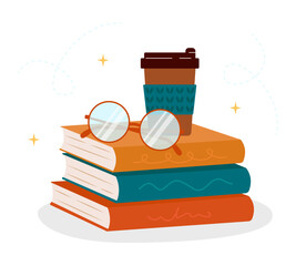 Cup of coffee on a stack of books and reading glasses. Vector illustration isolated on white background