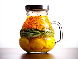 A Glass Pitcher Filled with Layers of Pickled Vegetables and Herbs