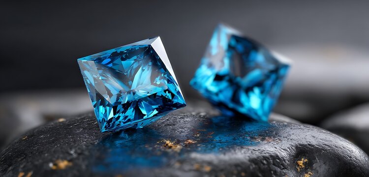 Bold blue cubic jewelry design showcased on soft reflective black stone