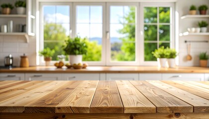 Rustic wooden table with natural grain texture and a softly blurred kitchen window.
