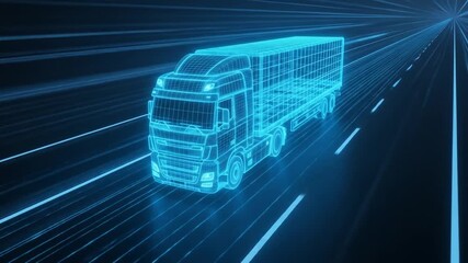 Digital Wireframe Truck Moving Forward on High Tech Roadway in Futuristic Scene - Powered by Adobe