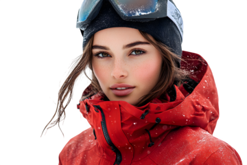 Attractive female skier in red jacket isolated on white background