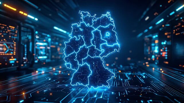 Neon outline of a map in a digital circuit board environment