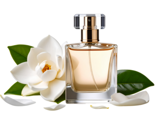 Minimal Glass Perfume Bottle with Gardenia Flower Beside, isolated on a transparent background