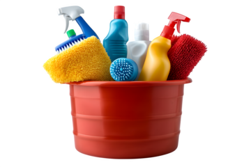 Basin with cleaning supplies isolated on white background