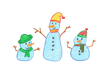 Xmas snowman family drawn in pastel wax style. Mom dad and baby character with cute colorful hats and scarfs for Xmas and New Year. Vector illustration for school or kindergarten chalkboard.