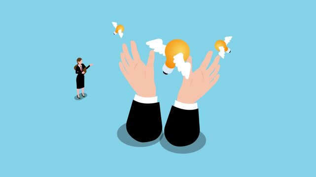 Businesswoman Reaching for Flying Ideas and Innovation 3d animation cartoon