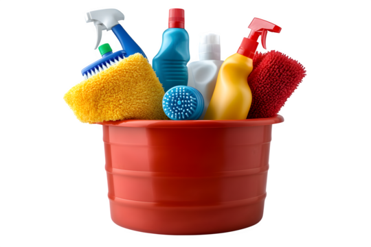 Basin with cleaning supplies isolated on white background