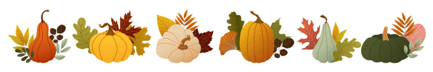 Vector border with textured pumpkins and fall leaves. Cozy autumn composition for seasonal card, poster, banner, fabric print and packaging. Warm harvest mood and thanksgiving design element