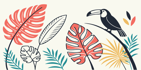 Abstract toucan bird and jungle leaves colorful tropical illustration, Modern flat design in vibrant coral, teal, and yellow tones. Perfect for summer, nature, or botanical-themed projects.