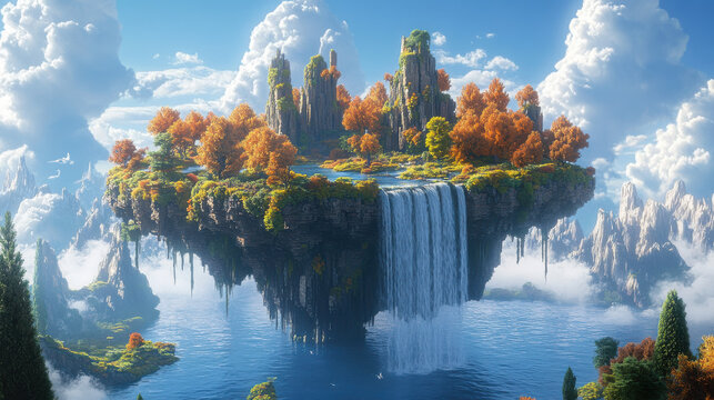 Autumnal Floating Island with Waterfall, 3D Rendered Fantasy Landscape