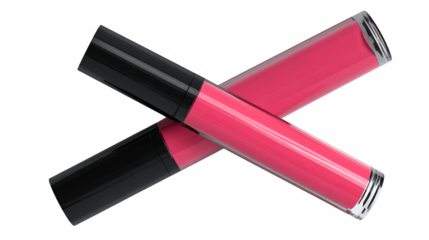 Two pink lip gloss tubes with black caps are crossed on a solid black background, presenting cosmetic beauty product styling.