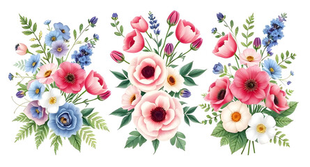 Fototapeta premium Set of flowers, Flower collection, Floral bundle, Flower icon set, Botanical illustration, Bloom vector set, Colorful flowers, Spring flowers, Summer blooms, Floral clipart, Hand-drawn flowers, Decora