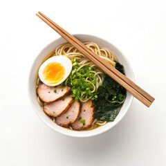 Japanese ramen bowl with toppings and chopsticks