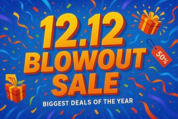 Festive promotional graphic for a "12.12 Blowout Sale" featuring bold orange text, gift boxes, a 50% discount tag, and colorful confetti on a vibrant blue background.
