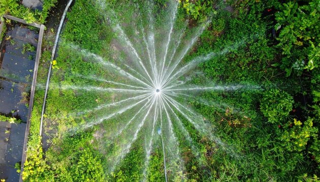 Aerial View of a Green Garden Sprinkled with Water Forming Radial Pattern
