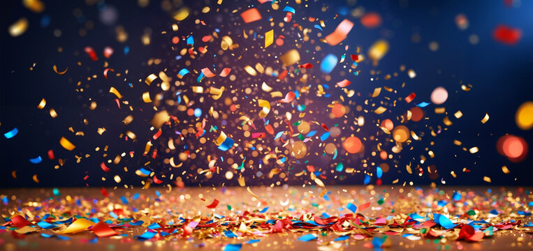 Amazing New Year confetti soars, falls, creates a bright festive background. Concept of Christmas, New Year, parties. The atmosphere of fun and celebration