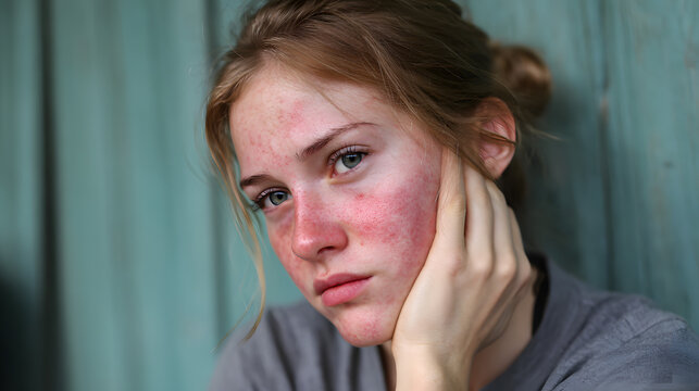 Young caucasian girl with allergic reaction due to bee sting on her face Redness and itching on her face Danger of anaphylactic shock