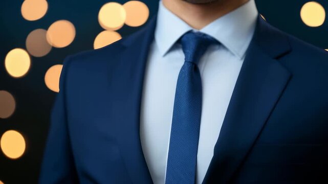 Business professional in dark suit with bokeh lighting background. Excellent for corporate finance and executive service promotions.