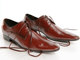 Elegant pair of brown leather dress shoes with laces on white backdrop