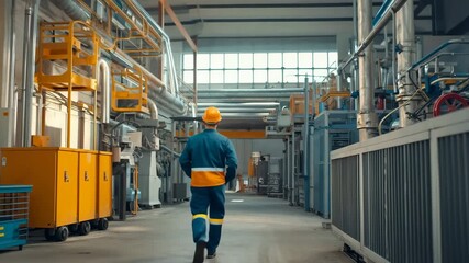 Industrial worker in safety gear walking through warehouse facility. Perfect for manufacturing and workplace safety training materials.