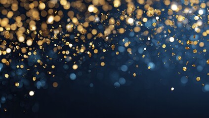 Golden and blue confetti bokeh on dark background