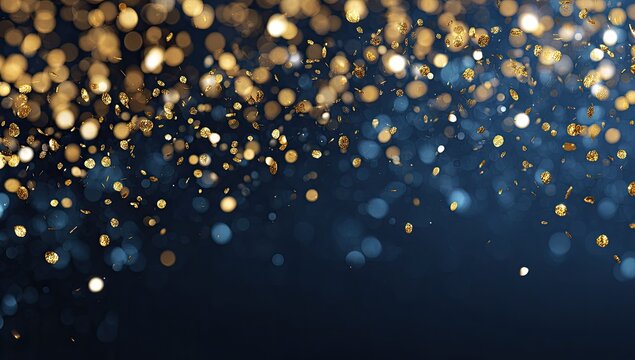 Golden and blue confetti bokeh on dark background