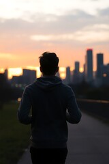 Fototapeta premium A man jogging alone at sunset, facing the glowing city skyline 