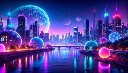 Neon city skyline with glowing spheres and a futuristic bridge