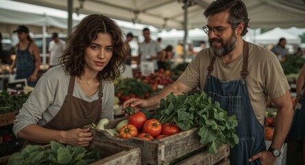 Vendors at a farmers market selling fresh produce like tomatoes and leafy greens from wooden crates