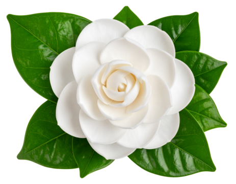 Single White Gardenia Flower with Glossy Leaves, Top View, isolated on a transparent background