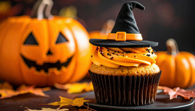 A Halloween cupcake decorated with a witch hat is surrounded by pumpkins and autumn leaves, creating a festive atmosphere.