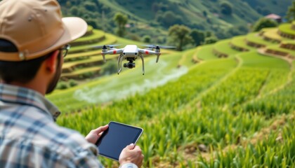 drone spraying fertilizer over a rice terrace while a farmer monitors the process on a digital screen