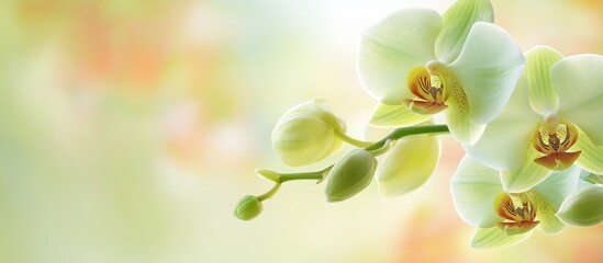 Green orchid on pastel background with space for text