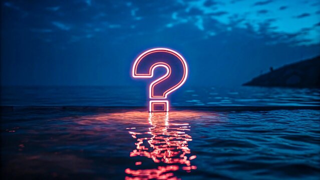 Dramatic question mark glows in the water, inspiring curiosity and searching for answers against twilight sky