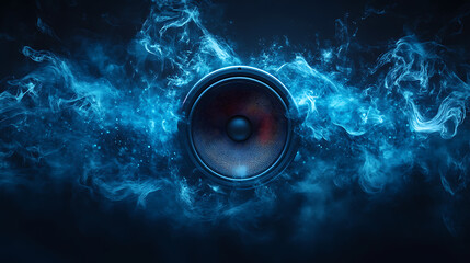 Blue oscillating wave patterns from audio speaker, visualizing sound frequency and depth for music producers, engineers, and hi-fi audio enthusiasts