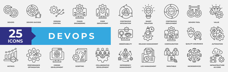 DevOps icon collection set. Containing tools, development, operations, automation, value, system development and coding icon. Simple line vector illustration.