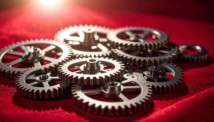 A textured red canvas with intricate silver gears, illuminated by dramatic spotlight, hyper-realistic. 