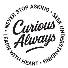 Curious always, never stop asking, seek understanding, learn with heart, inspirational design quote, motivational quotes, typography illustration lettering quotes