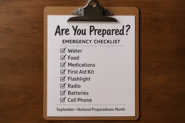 Emergency preparedness checklist on clipboard: essential supplies for National Preparedness Month