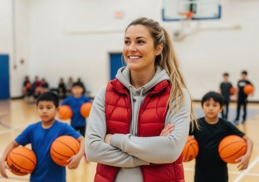 Confident young female coach in red vest leading children's basketball training - Powered by Adobe