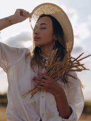 Young woman resting and relaxing with closed eyes holding bunch of ripe wheat ears in her hand