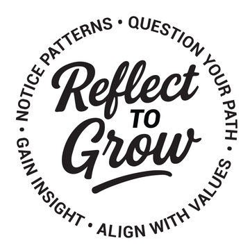 Reflect to grow, notice patterns, question your path, gain insight, aligh with values, inspirational design quote, motivational quotes, typography illustration lettering quotes