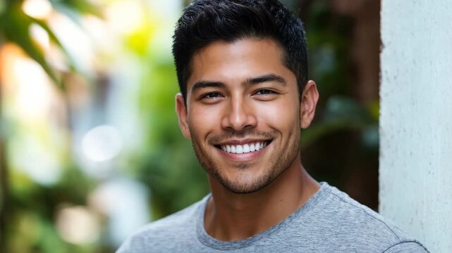 Handsome young man with confident smile outdoors. Great for lifestyle and personal care brand marketing.