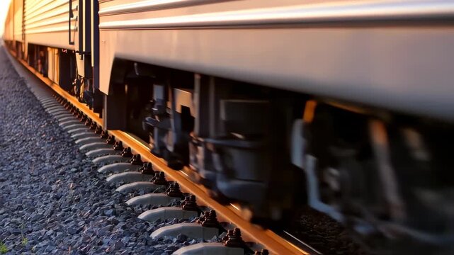 Train travel at sunset on rails with motion blur.